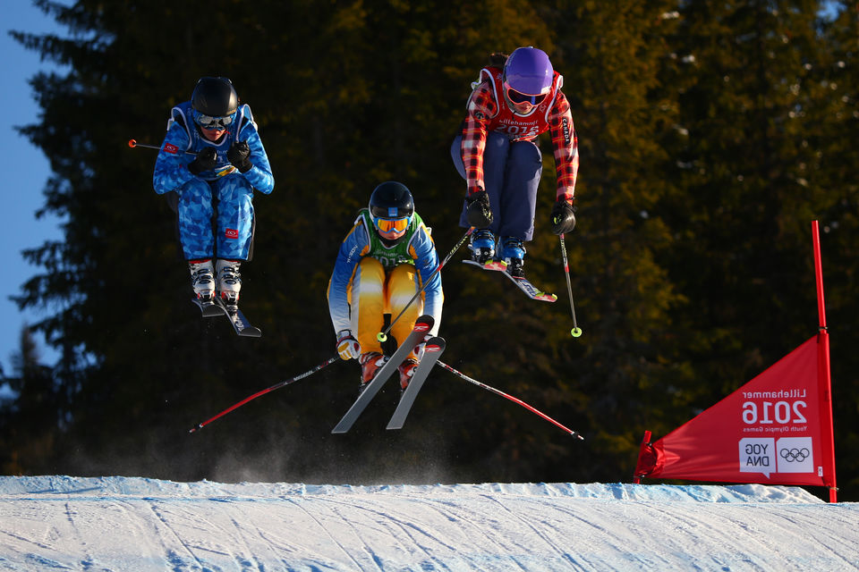 (From Left) Minja Lehikoinen FIN, Veronica Edebo SWE and Zoe Chore CAN compete during the Ladies Ski Cross heats at the Hafjell Freepark during the Winter Youth Olympic Games, Lillehammer Norway, 15 February 2016. Photo: Simon Bruty for YIS/IOC Handout image supplied by YIS/IOC